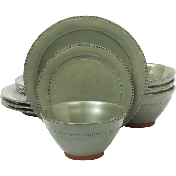 Terranea 12 Piece Dishes Reactive Glaze Plates and Bowls Terracotta Dinnerware Set - Service for 4 - Green