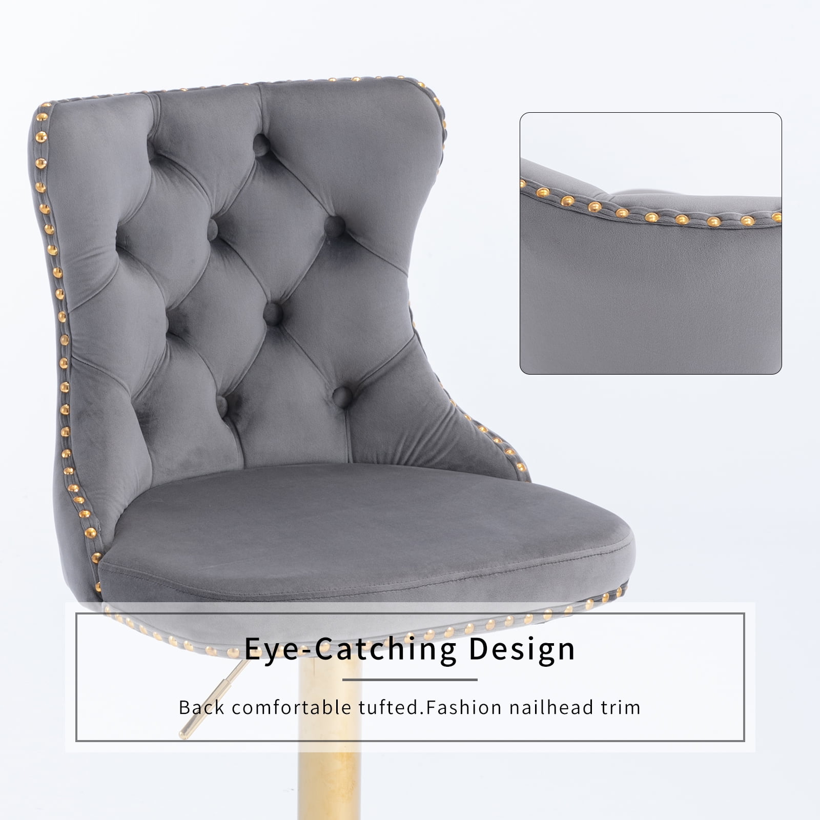 ODUSE-DAILY Gray Velvet Bar Stools Set of 2 - Adjustable Swivel Counter Height Chairs with Tufted Back and Nailhead Trim for Kitchen Island Pub Restaurant (2Pcs, Gold Metal, Grey)