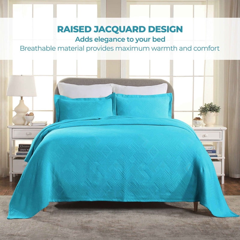 Superior Geometric Fret Cotton Bedspread and Sham Set, 3-Piece Decorative Breathable Bedspreads, Queen, Peacock Blue