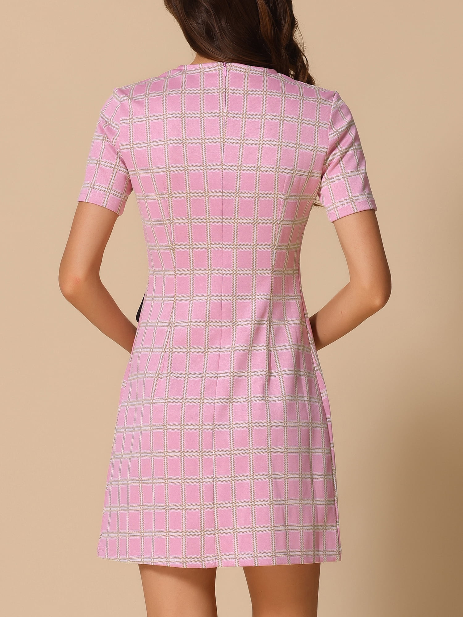 DARING DIVA Women's Dress Short Sleeve Vintage Houndstooth Dresses L Pink