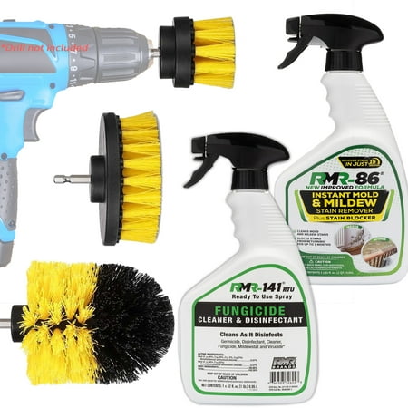 Mold and Mildew Cleaner Kit: Includes 3 Piece Drill Brush Attachment Heads Set for Deep Cleaning, One 32 OZ Bottle of RMR-86 Mold and Mildew Remover, One 32OZ Spray Bottle of RMR 141 Fungicide (Best Mold Killer For Crawl Spaces)