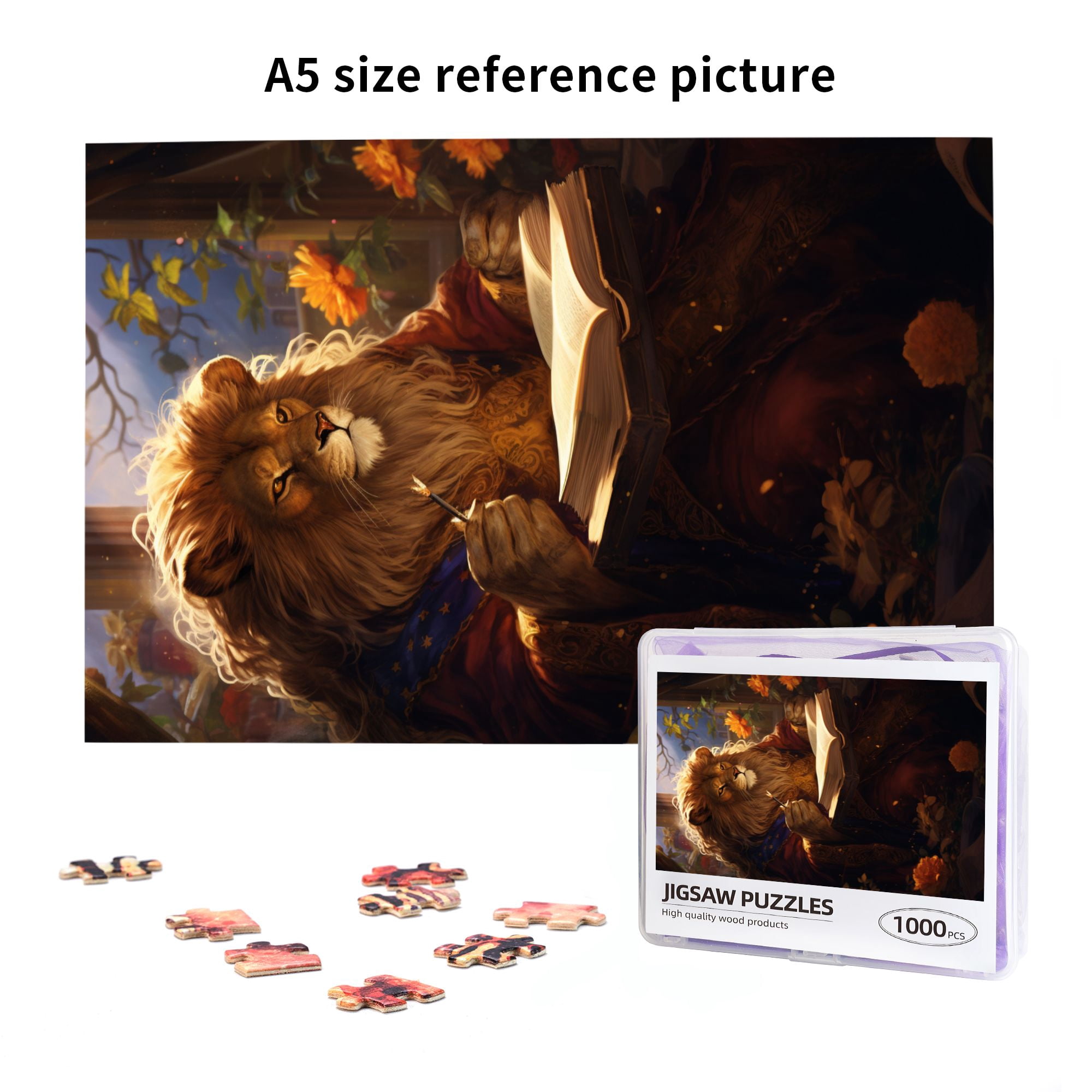 1000 PCS 1000 Piece Funny Animal Puzzles Lion'S Reading Time,Brain Challenge,Wonderful Imagination,Vintage Style Animal Wooden Jigsaw Puzzles,Great For Relaxation And Display For Puzzle Lovers