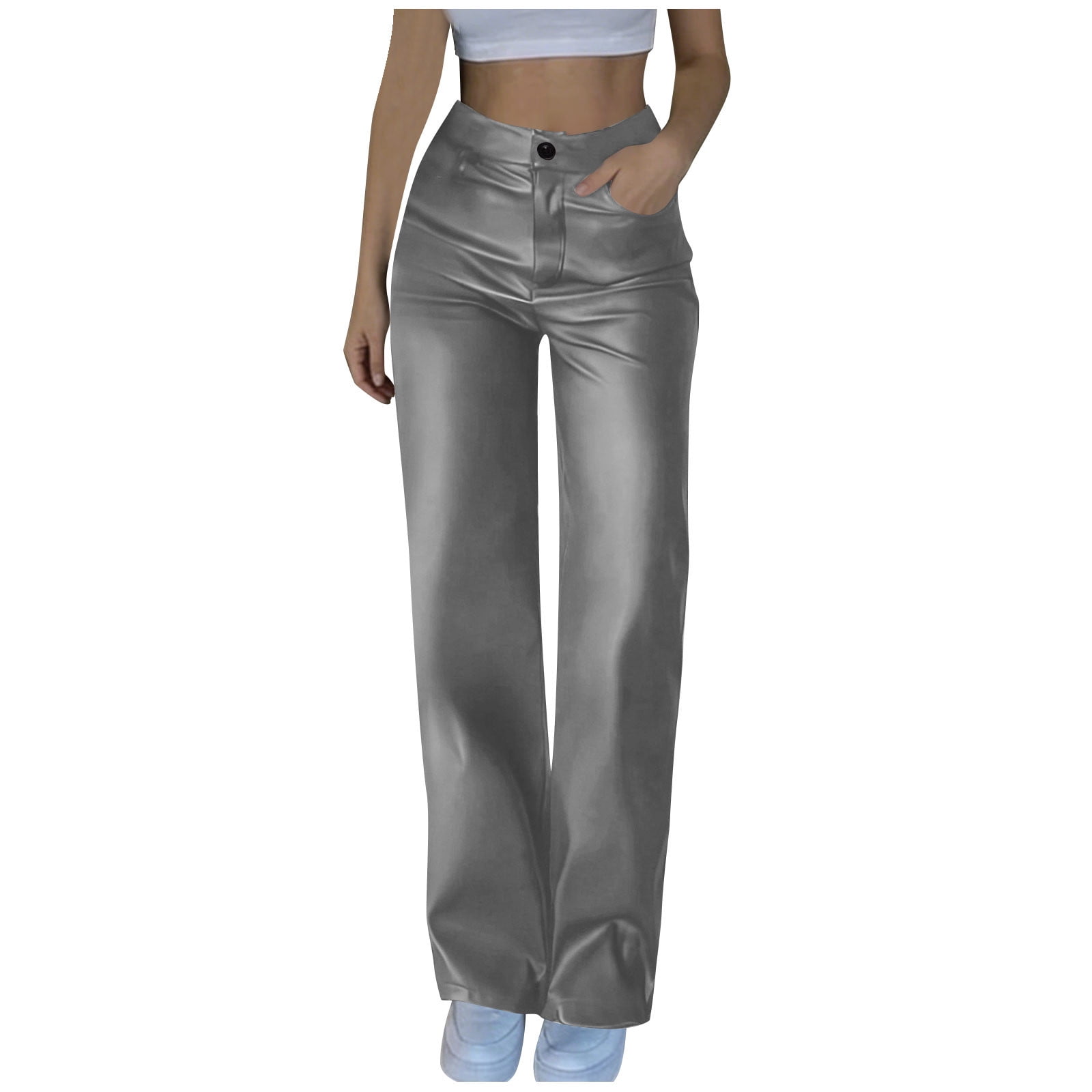 Moxiu Women's Casual Faux Leather Straight Leg Trousers High Waisted Button Elastic Loose Pants for Party Club Date Night Gray,XL