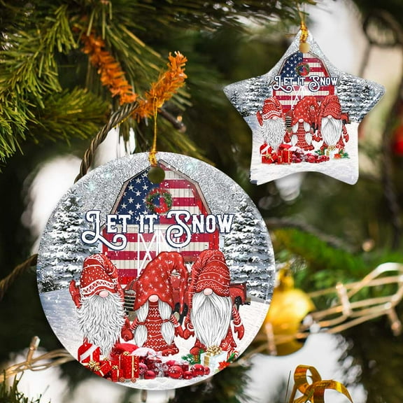 Ceramic Christmas Tree Ornaments, Gnomes. Let It Snow ChristmasHanging Ornament With Ribbon, Christmas Gifts - Circle, 1 Pcs