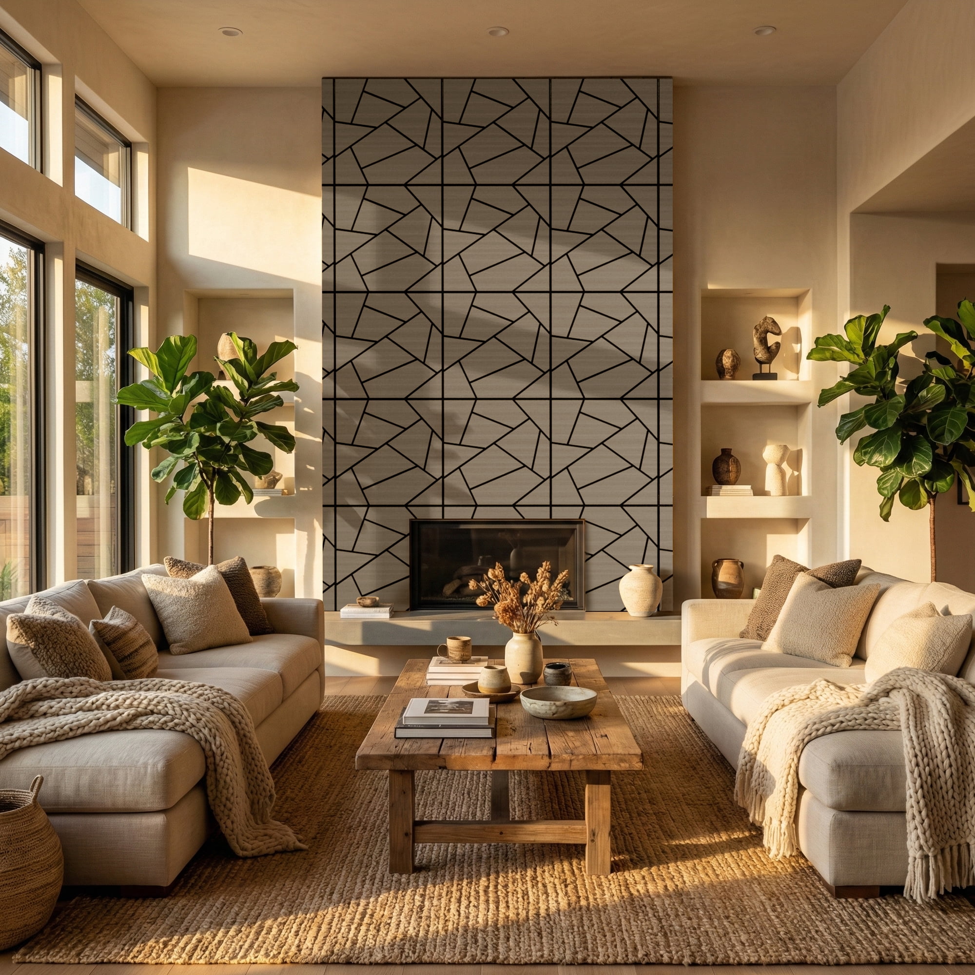 Fahomiss Abstract Geometric Acoustic Wood Slat Wall Tiles 4-Pack 24"x24", 3D Panel, Walnut