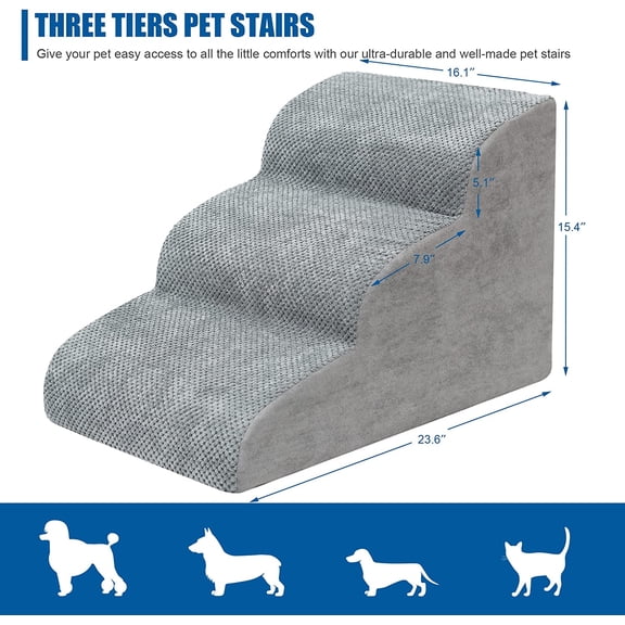 Dog Stairs for Small Dogs - High Density Foam Ramp with Non-Slip Bottom, Extra Wide Pet Steps for Bed Sofa Couch, Grey 3 Steps