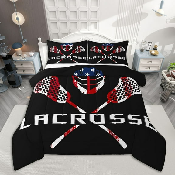 Homewish Lacrosse Queen Comforter Set, Kids Teens Sport Bedding Sets, American Flag Bedding Comforter Set, Super Cozy Room Decor