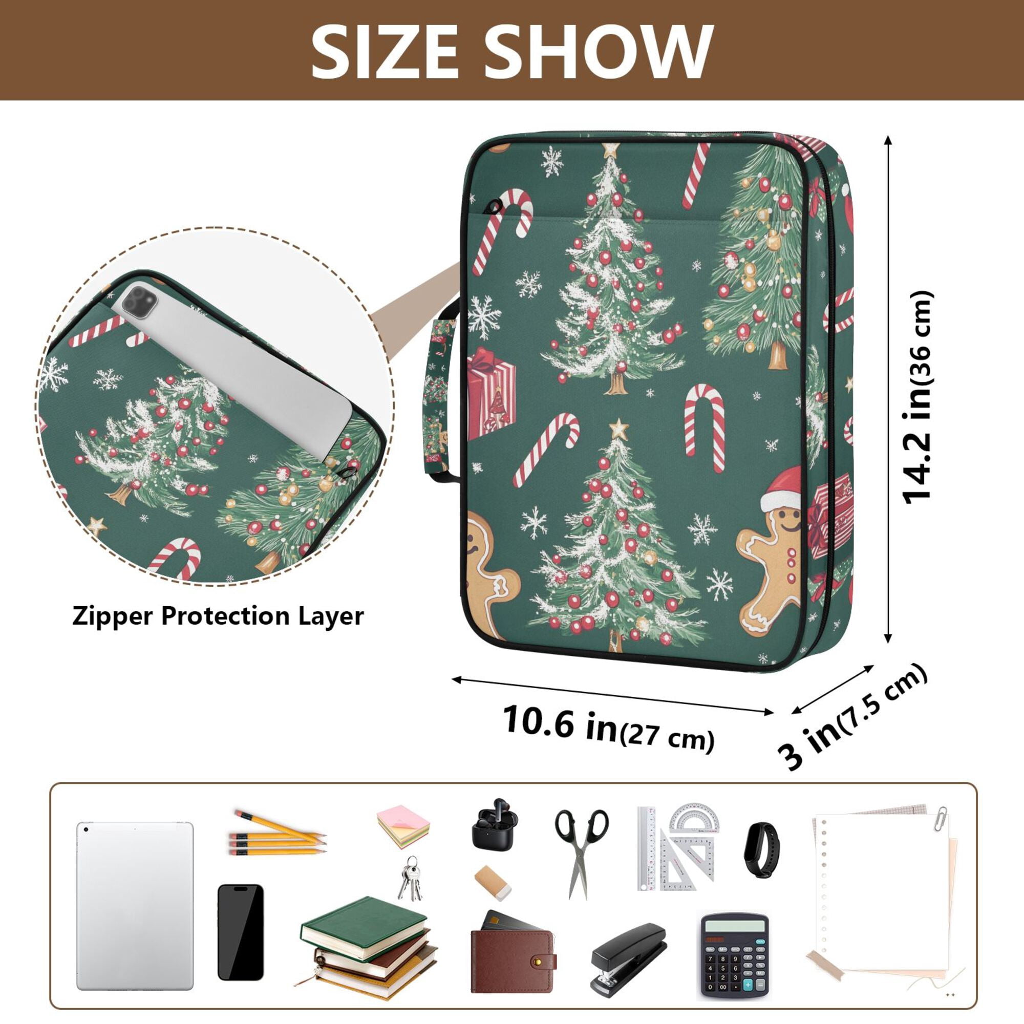 FORMRS Accordion File Folder A4 Size 7-Pocket Expanding Document Organizer Bag with 3 Ring Binder, Red Christmas Gingerbread