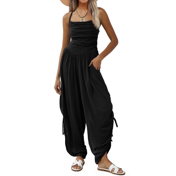 Women's Casual Fashion Solid Color Jumpsuit with Pockets Daily Wear Romper - Black L