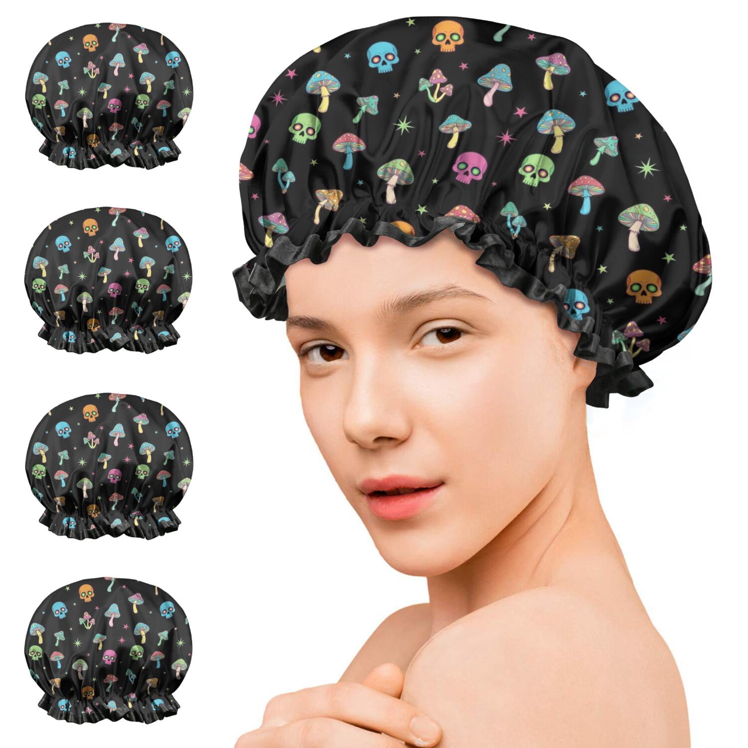 Shower Caps,Black Colorful Skull Mushroom Pattern Waterproof Shower Cap for Women 4 Pieces,Double Reusable Hair Cover for Shower PEVA Elastic Stretch Hem