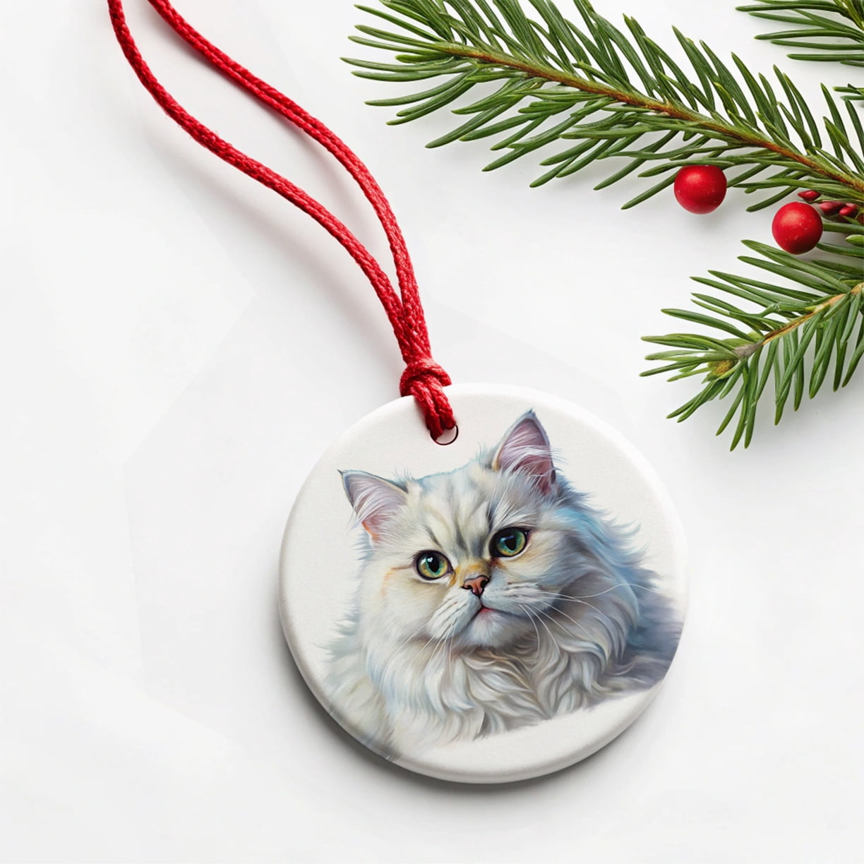 Classic Persian White Cat Illustration Christmas Tree Holiday Round Ceramic Ornament