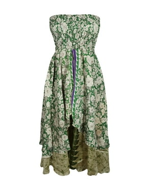 Mogul Women Green,White Long Skirt Floral Dress Recycled Sari Flared Skirt, Hi Low Dresses, Strapless Dress, Two Layer Skirt S/M