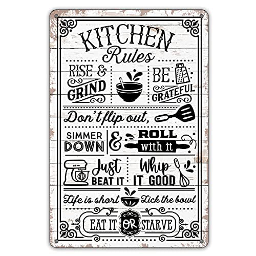 QIONGQI Funny Kitchen Quote Metal Tin Sign Wall Decor Farmhouse Rustic  Kitchen Rules Sign for Home Kitchen Coffee Shop Decor Gifts 