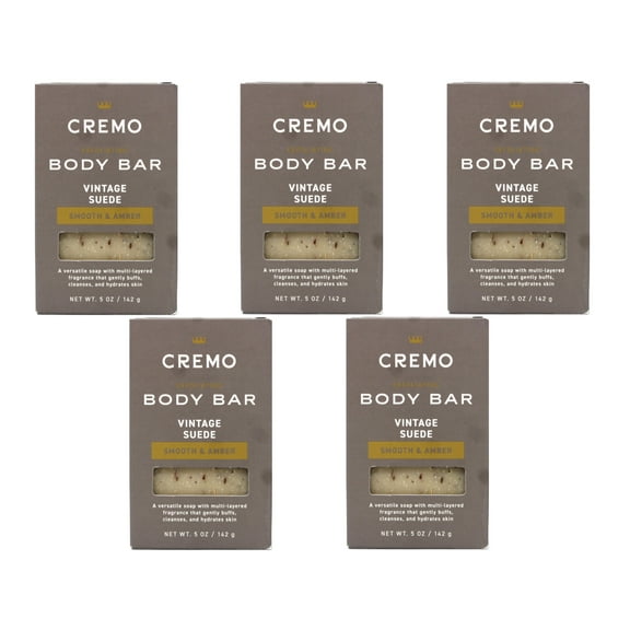 5 Pack - Cremo Vintage Suede Exfoliating Body Bar for Men, Multi-Layered Fragrance, Cleanses and Hydrates Skin, Smooth & Amber, 5 OZ