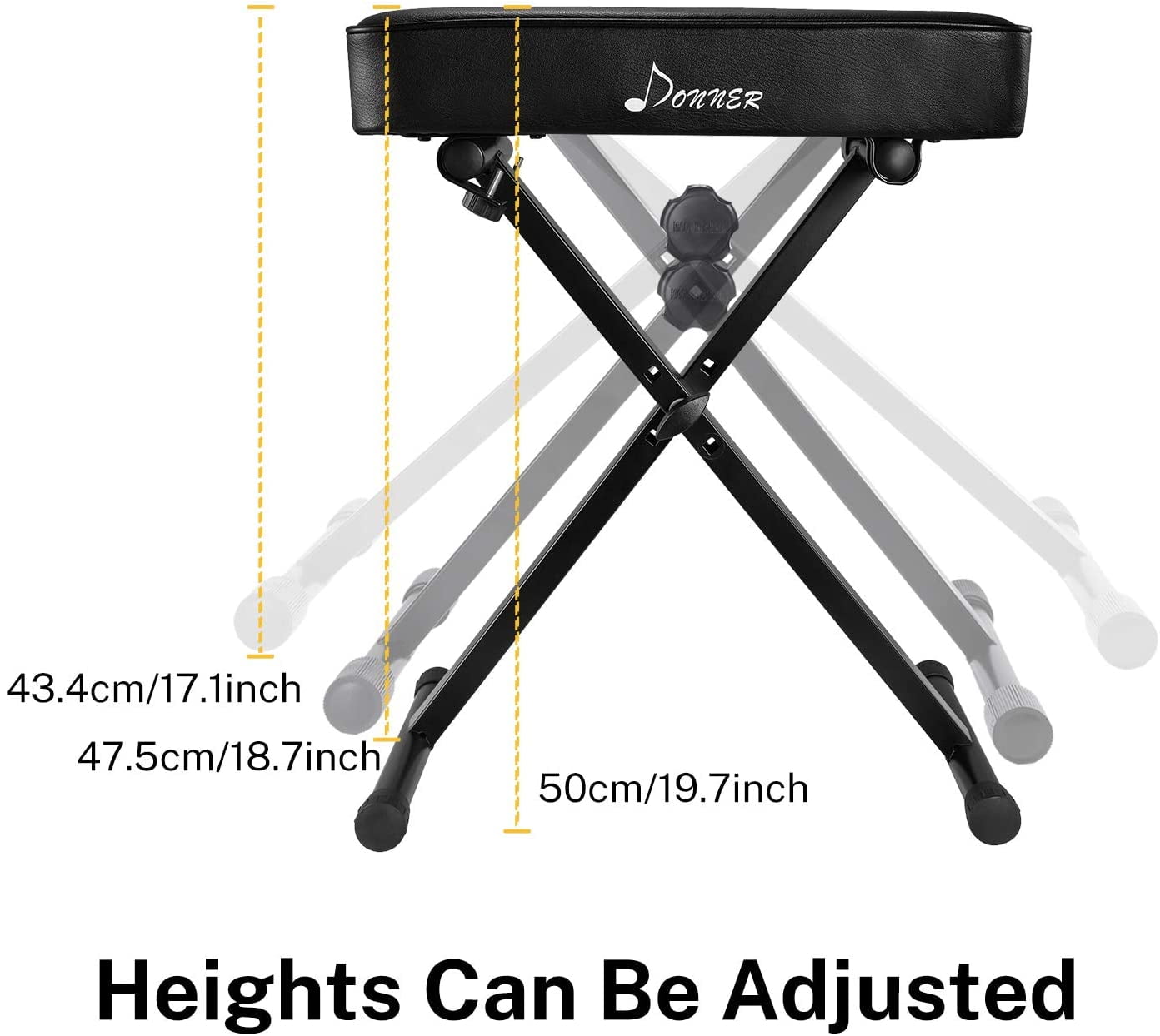 Donner Piano Bench, Adjustable Keyboard Bench Portable Stool Collapsible Chair Foldable Seat X-Style, 2.4 Inch Thickness High-Density Sponge Padded, Non-Skid Design, Black