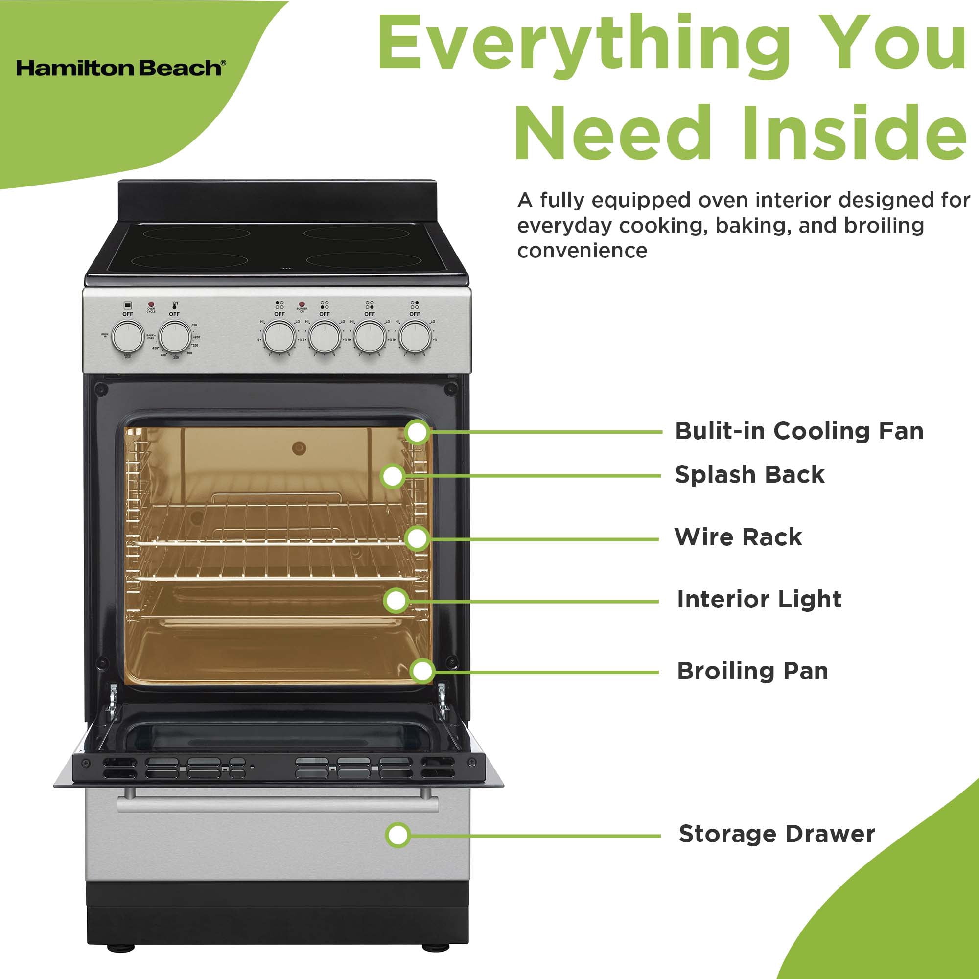 Hamilton Beach 20" Electric Range, Vitroceramic Top, With Shallow Tray, Inox