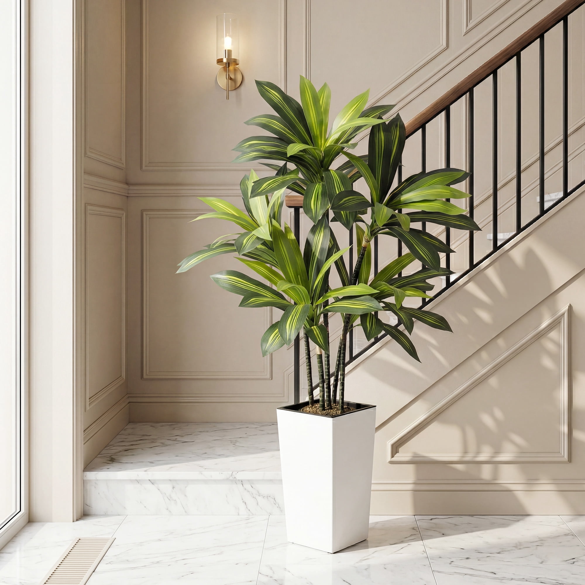 Artificial Dracaena Tree 5FT with White Tall Planter – Lifelike Faux Plant for Home Office Decor