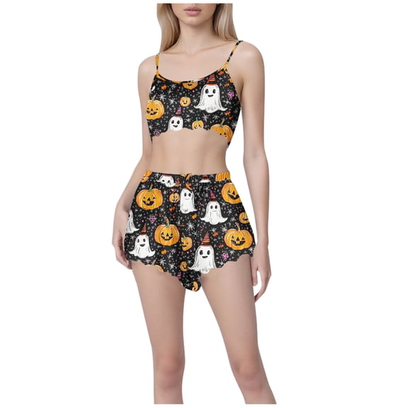 Tnhcen Women's 2025 Halloween Milk Silk Pajama Set Cami Top Shorts Sleepwear Soft Double Brushed Loungewear S-2XL Multiple Colors Available Black