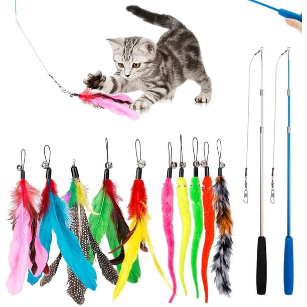 Juguete de plumas para gatos, 2 piezas de varita retráctil para gatos y 10 piezas de repuesto con recambios de campana, atrapasueños interactivo y ejercicio divertido para gatitos o gatos.