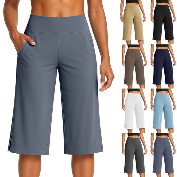 Women's High Waist Wide Leg Capri Pants Stretchy Workout Yoga Trousers Casual Athletic Lounge Pants with Pockets & Side Slits Dark Gray XL
