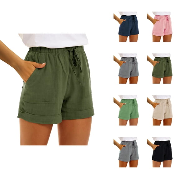 Cotton Linen Shorts for Women Summer Casual Lightweight Elastic High Waist Straight Leg Relaxed Fit Beach Shorts with Pockets
