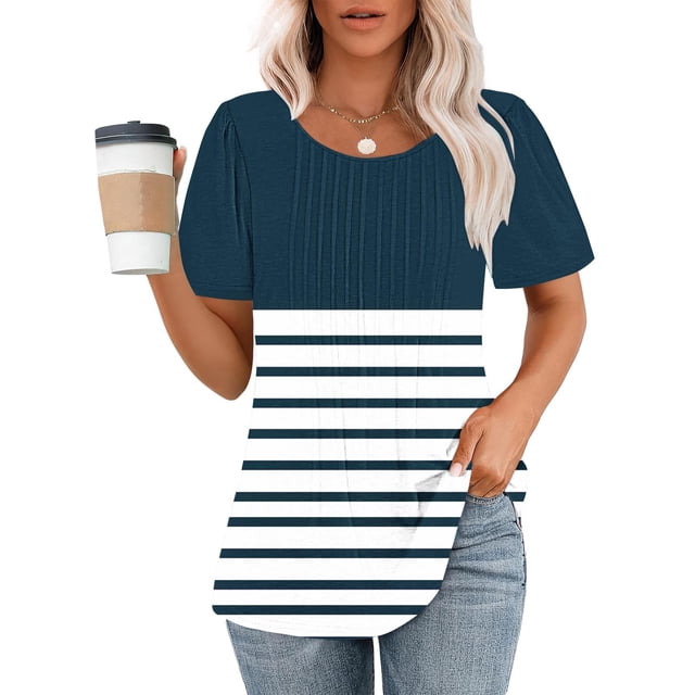 Lydiaunistar T-Shirt Décontracté à Manches Courtes pour Femmes, Col Rond, Imprimé Floral, Grande Taille, Mélange Polyester Spandex, Confort Quotidien, Lavable en Machine, Marine