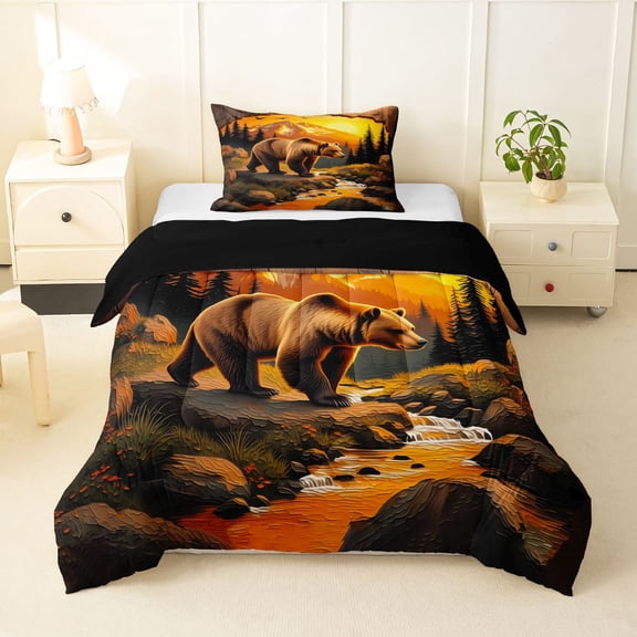 Manfei Sunset Mountain Twin Comforter Sets,Safari Bear Bedding Set,Golden,Black Reversible,2-Piece,1 Comforter and 1 Pillowcase
