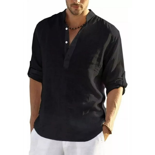 Camisa De Hombre De Manga De Lino Slim Larga