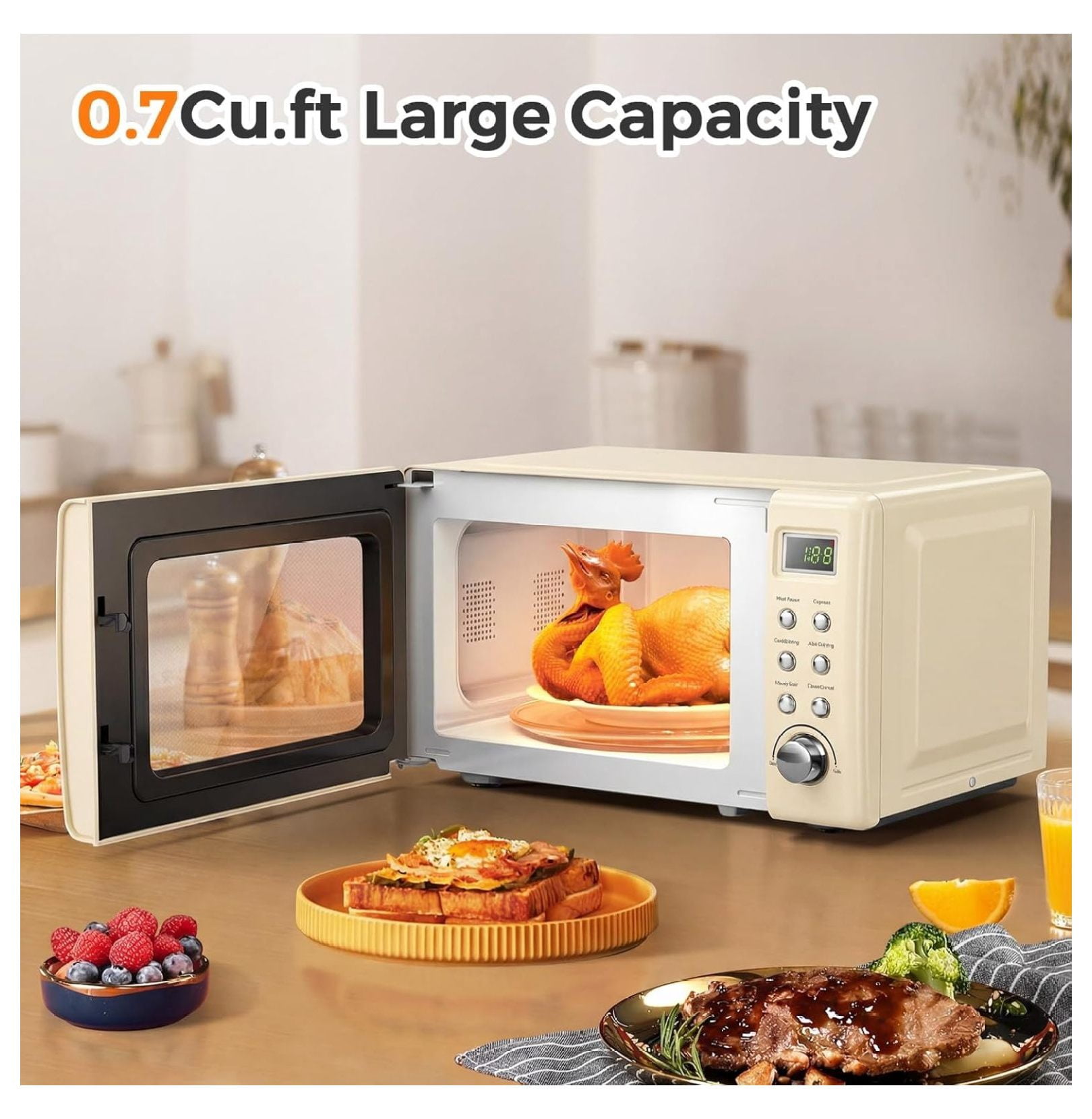 0.7 Cu.ft Microwave Oven, 700W Countertop Microwave - 5 Power Levels, Defrost, Auto Cooking, LED Display, Child Lock, Cream White - Kitchen, Dorm, RV
