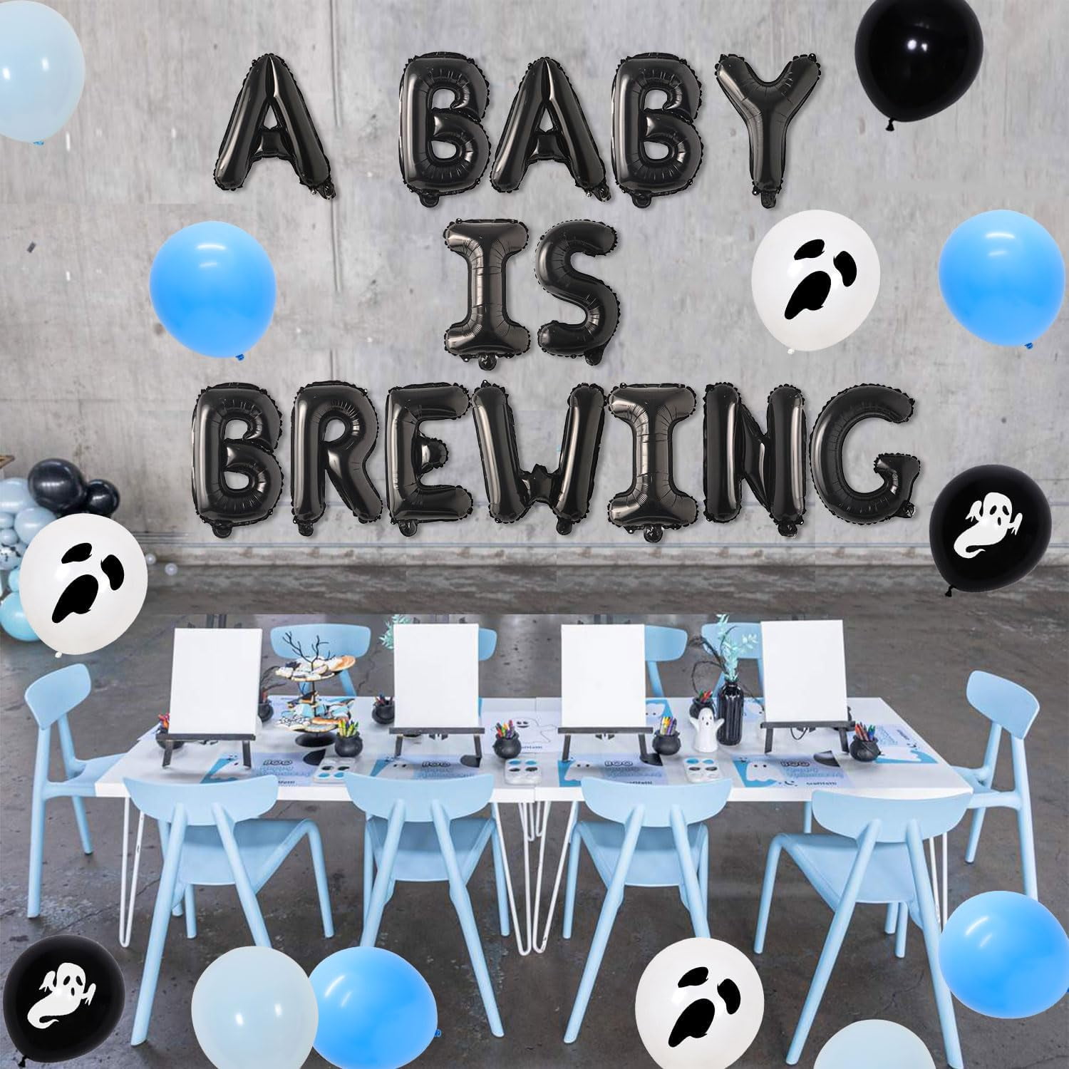 84Pcs Halloween A Baby Is Brewing Baby Shower Decorations Blue Black A Baby Is Brewing Foil Balloons Banner Ghost Balloon Garland Arch Kit for Halloween Themed Baby Shower Party Decor Supplies