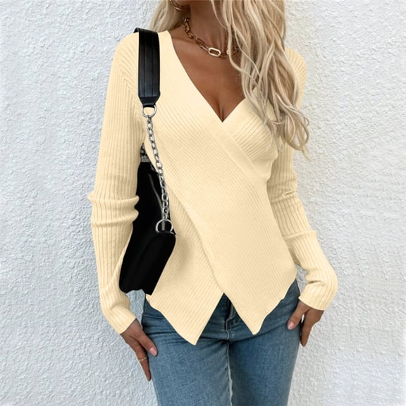 hcuribad Womens Sweaters,Cropped Sweaters for Women Women Fashion V Neck Long Sleeve Pullover Sweater Knitting Top Pullover Sweaters,Womens Fashion,Fall Outfits Women Trendy Beige Sweater L