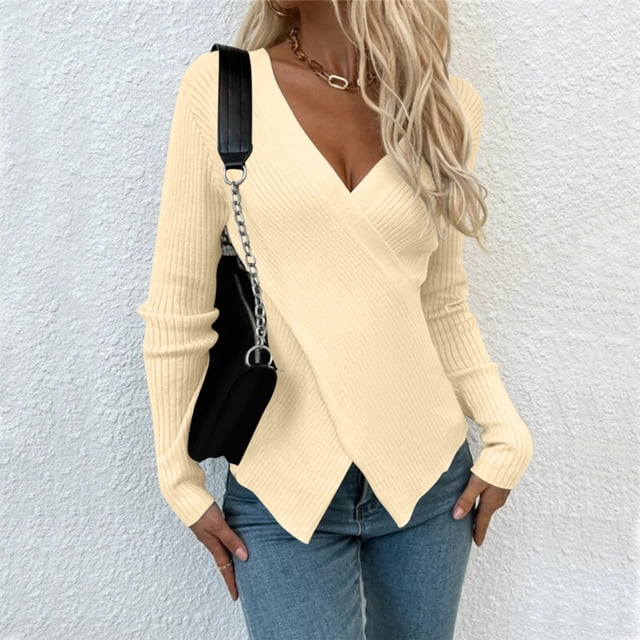 WILLBEST Chandail en Molleton de la Saint-Valentin pour Adolescentes Femmes Mode Col en V Manches Longues Couleur Unie Pull Tricoté