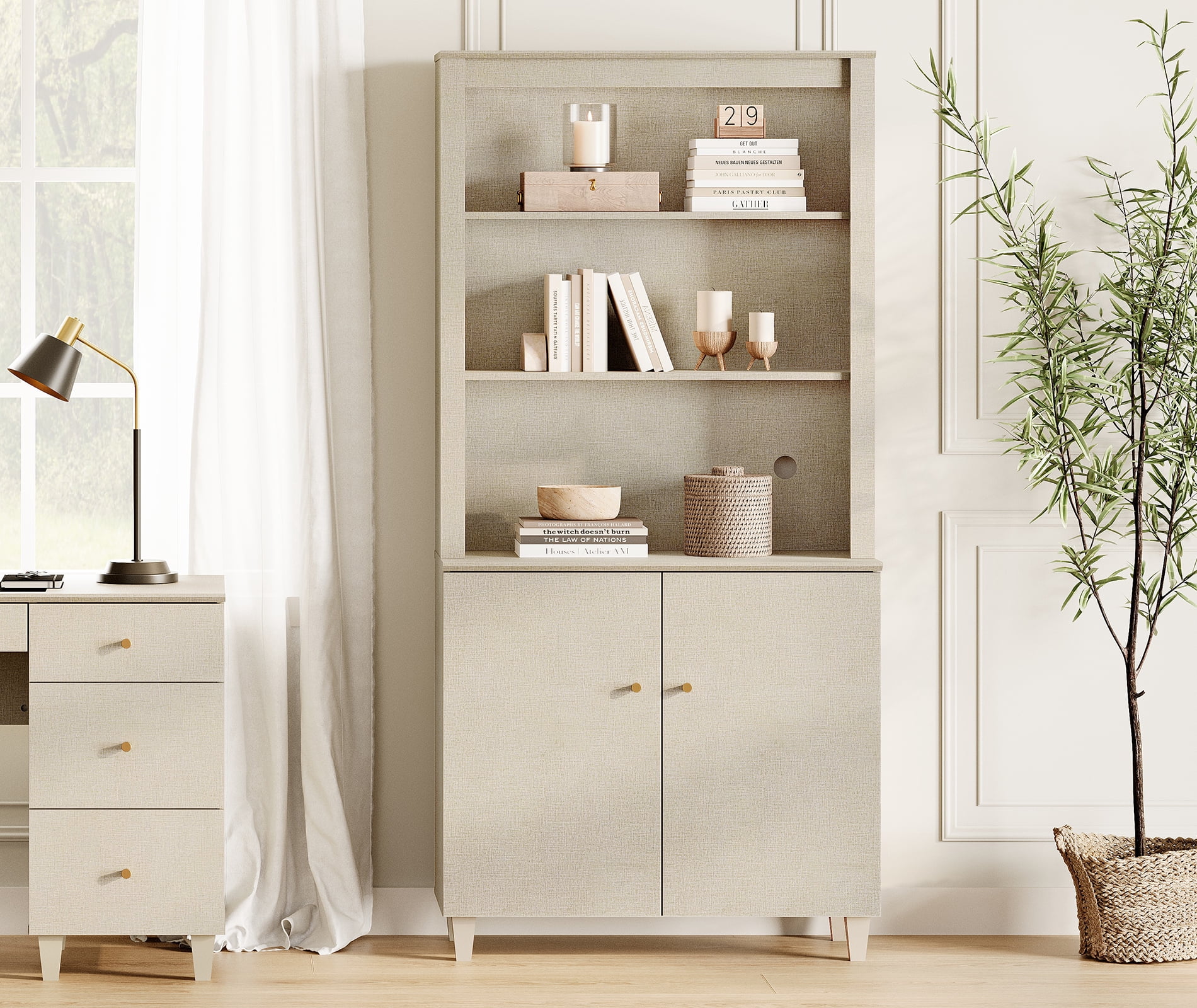 Modern 71" Tall Bookcase with Doors & Storage Cabinet for Home Office,Beige Linen Printed