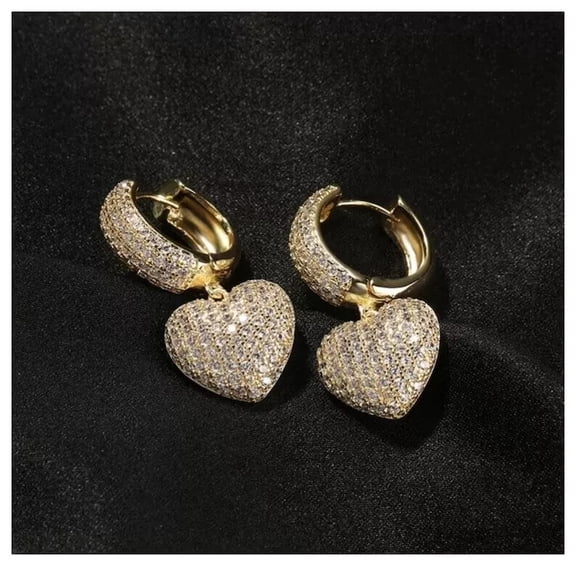 Orlov Jewels Heart Drop Moissanite Hoop Women Earrings 14k Yellow Gold Plated