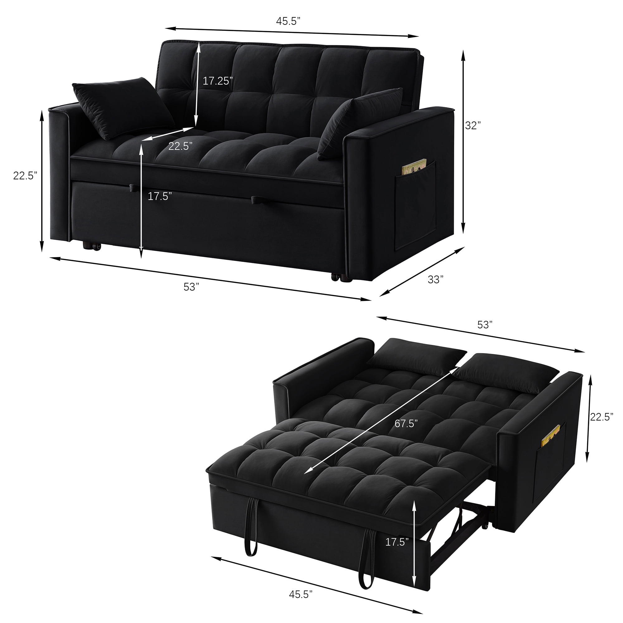 3 in 1 Convertible Sleeper Sofa Bed, 53" Modern Convertible Sofa Bed with 2 Detachable Arm Pockets,Velvet Pull Out Couch with Pull Out Bed for Living Room Furniture,Black