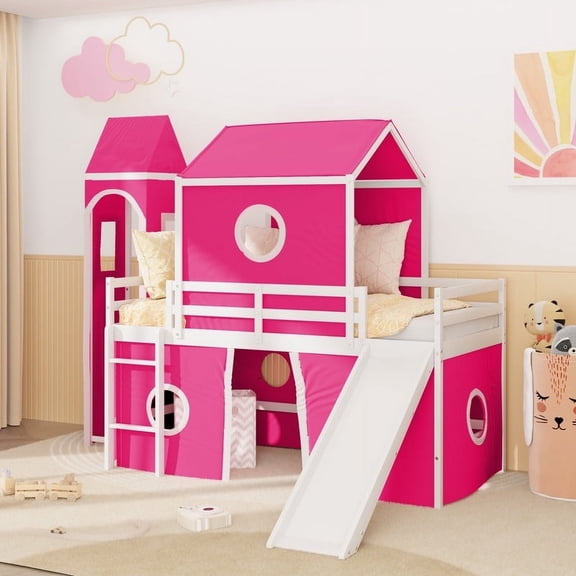 Duxelifin Princess Castle Loft Bed with Slide, Wood House Loft Bed with Tent, Twin Loft Bed with Slide and Castle Curtain, Pink Loft Bed for Girls (Twin Size, Pink)