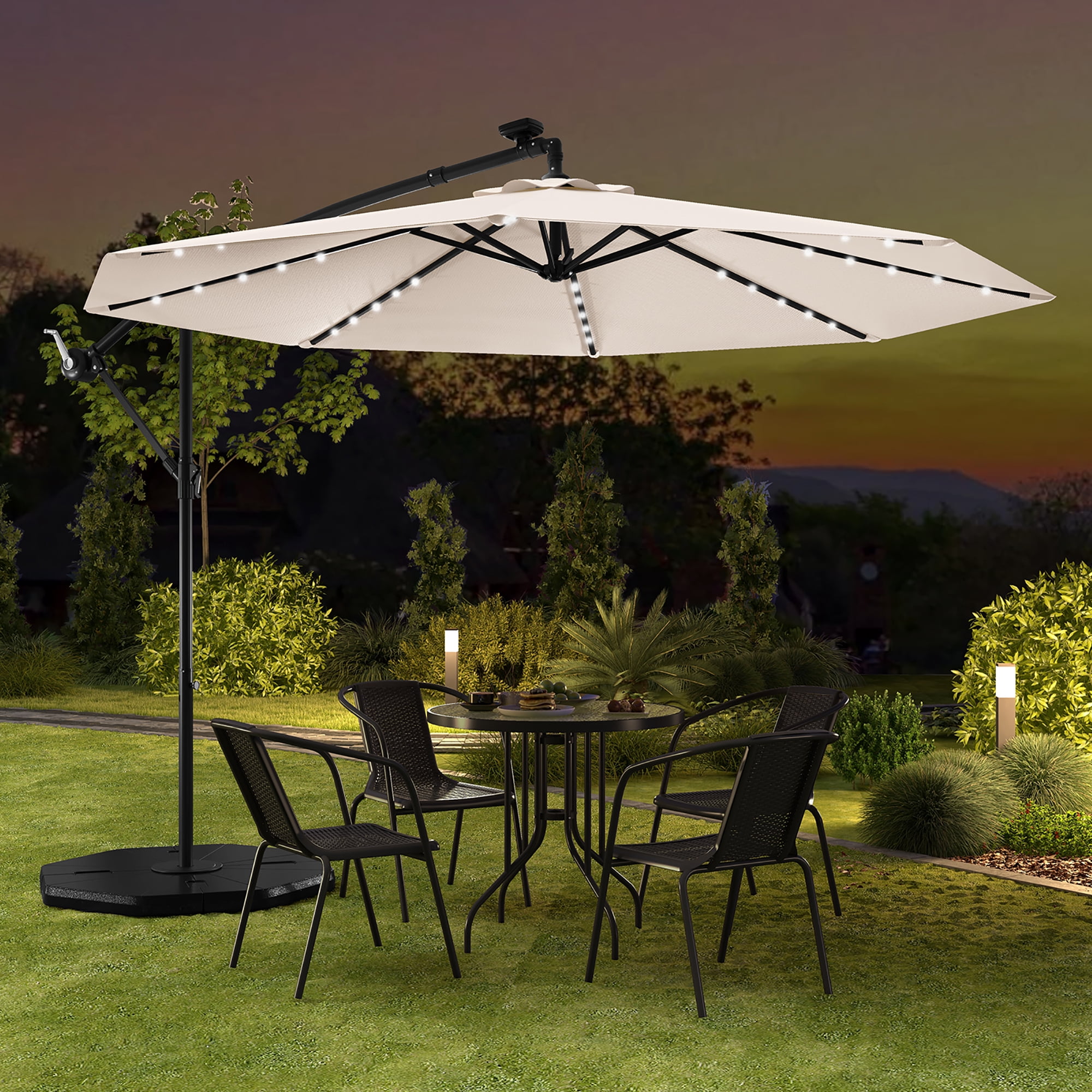 Gymax 10 ft Patio Offset Umbrella w/ Solar Lights Deck Umbrella w/ Easy Tilt Adjustment Beige