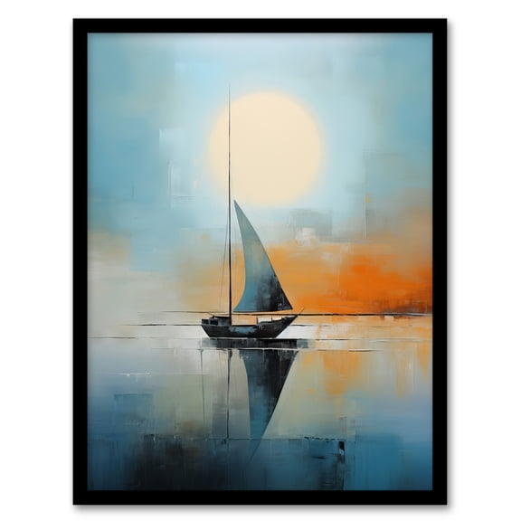 Seascape Modern Abstract Sailboat Boat Artwork Calm Elegant Blue On Orange Art Print Framed Poster Wall Decor 12x16 inch