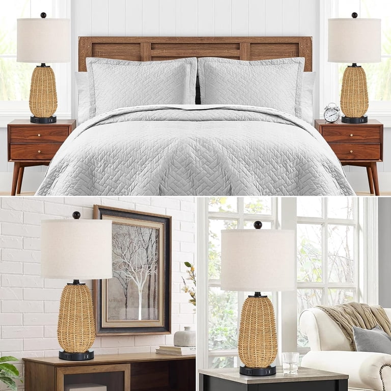 Cinkeda Rattan Table Lamp Set of 2, Farmhouse, USB photo 2