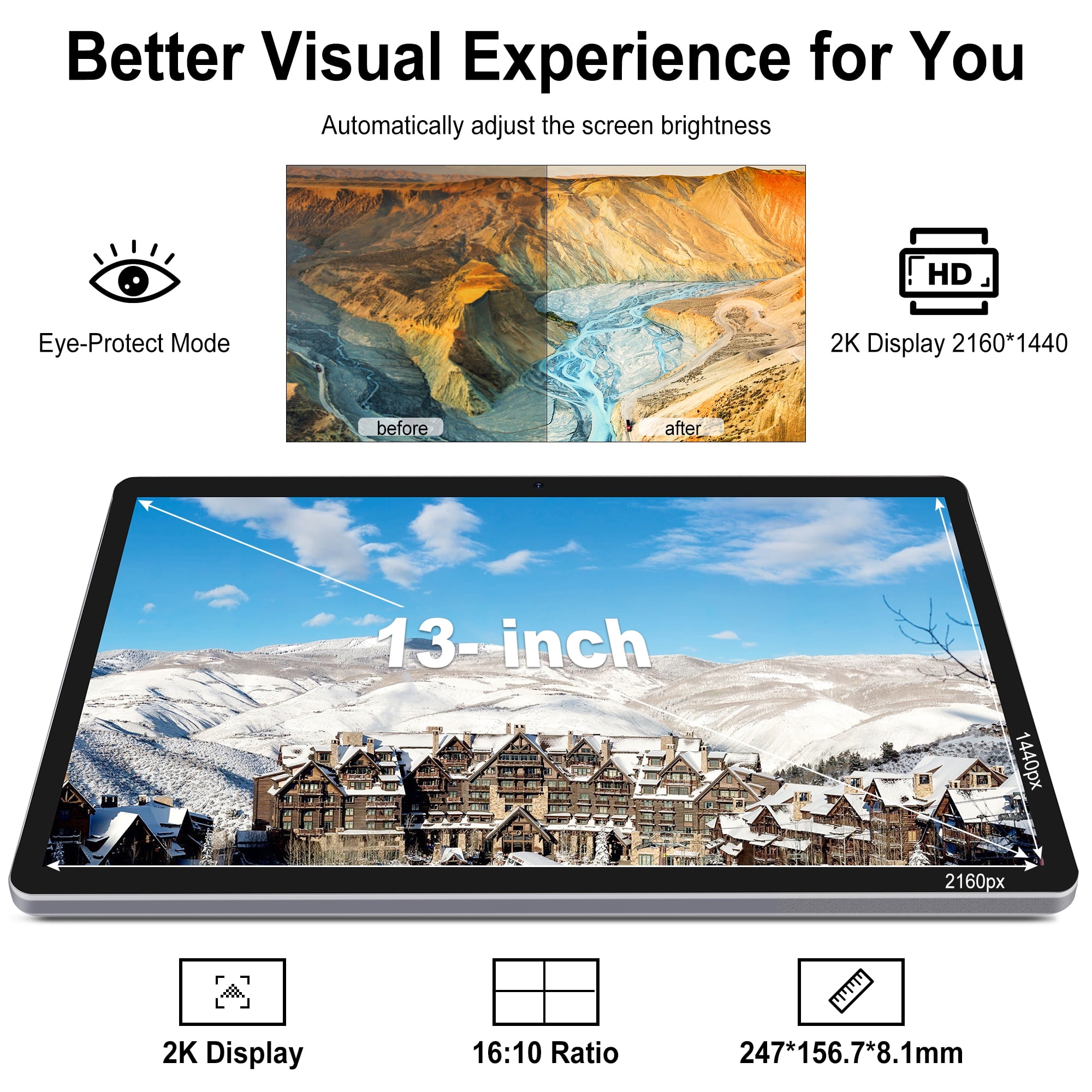 Veidoo 13 Inch Android Tablet, 2K 2160x1440 FHD Screen