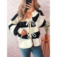 thumbnail image 4 of Chaqueta de Punto Holgada Informal con Cuello en V y Larga para Mujer, Cárdigan de Punto con Cordones y Rayas en Contraste. Negro L, 4 of 9