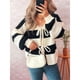 thumbnail image 4 of Chaqueta de Punto Holgada Informal con Cuello en V y Larga para Mujer, Cárdigan de Punto con Cordones y Rayas en Contraste. Negro L, 4 of 9