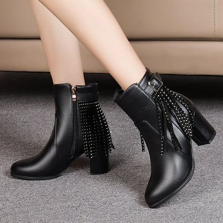 

UIX Foreign Trade Large Size Fall Women s Boots Belt Buckle Thick High Heel Tassel Boots Western Boots