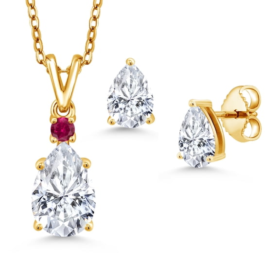 18K Yellow Gold Plated Silver White Moissanite and Red Created Ruby Pendant and Earrings Jewelry Set for Women (3.37 Cttw, Gemstone Birthstone, Pear Shape 10X7MM and 7X5MM, with 18 inch Chain)