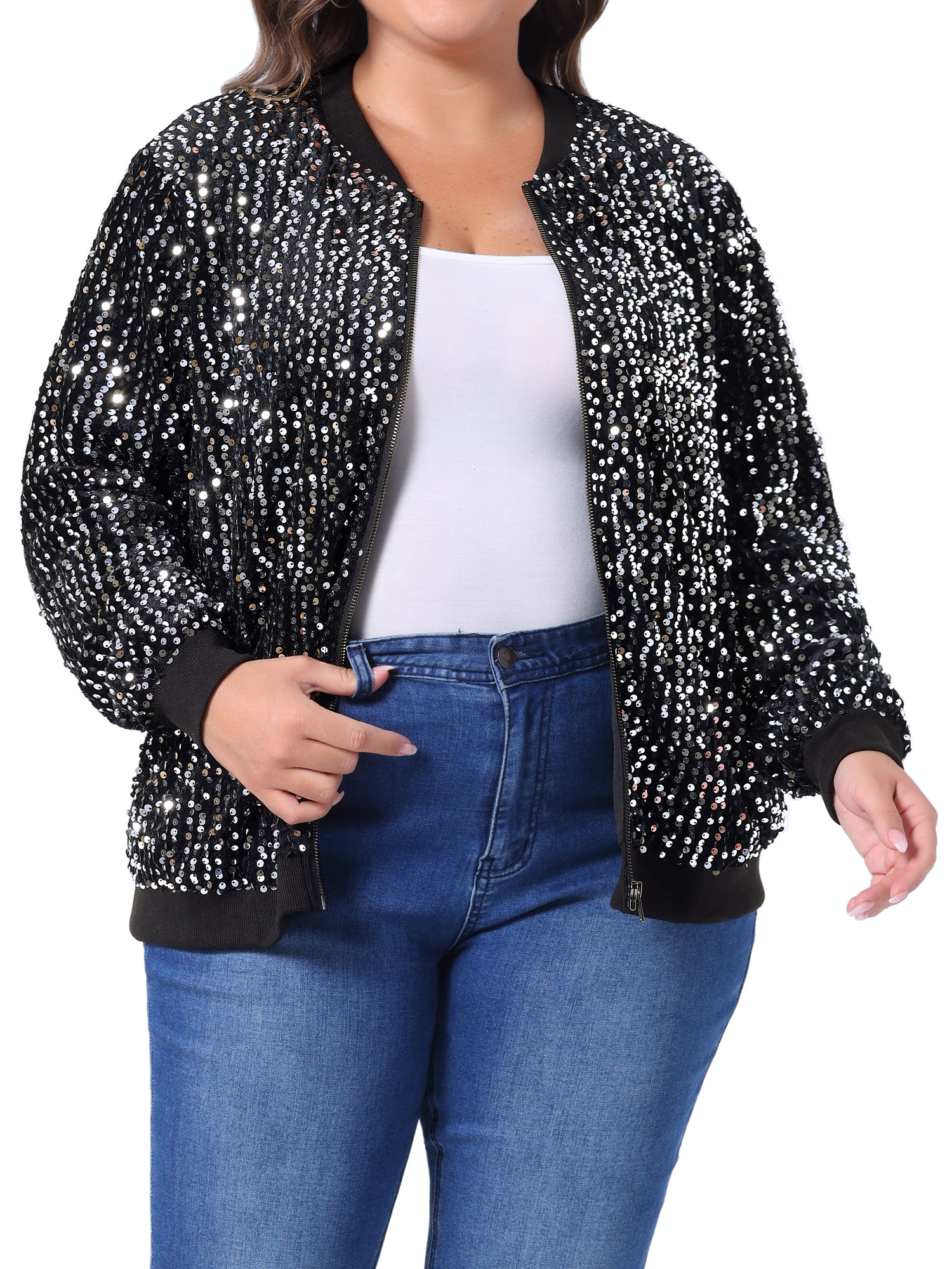 DARING DIVA Plus Size Sequin Sparkle Long Sleeve Front Zip Bomber Jacket 3X Silver
