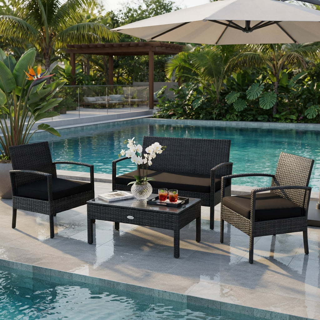 Hommoo 4-Piece Outdoor Rattan Patio Furniture Set with Cushions, PE Wicker Loveseat, Chairs & Coffee Table for Backyard, Balcony, Deck, Black