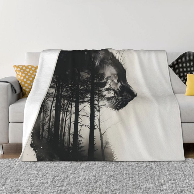 Cauagu Double Exposure Cat Forest Pattern Fleece Throw Blanket, Horizontal Fleece Bedding Home Decor for Couch & Bed All Season Use-50"x40"