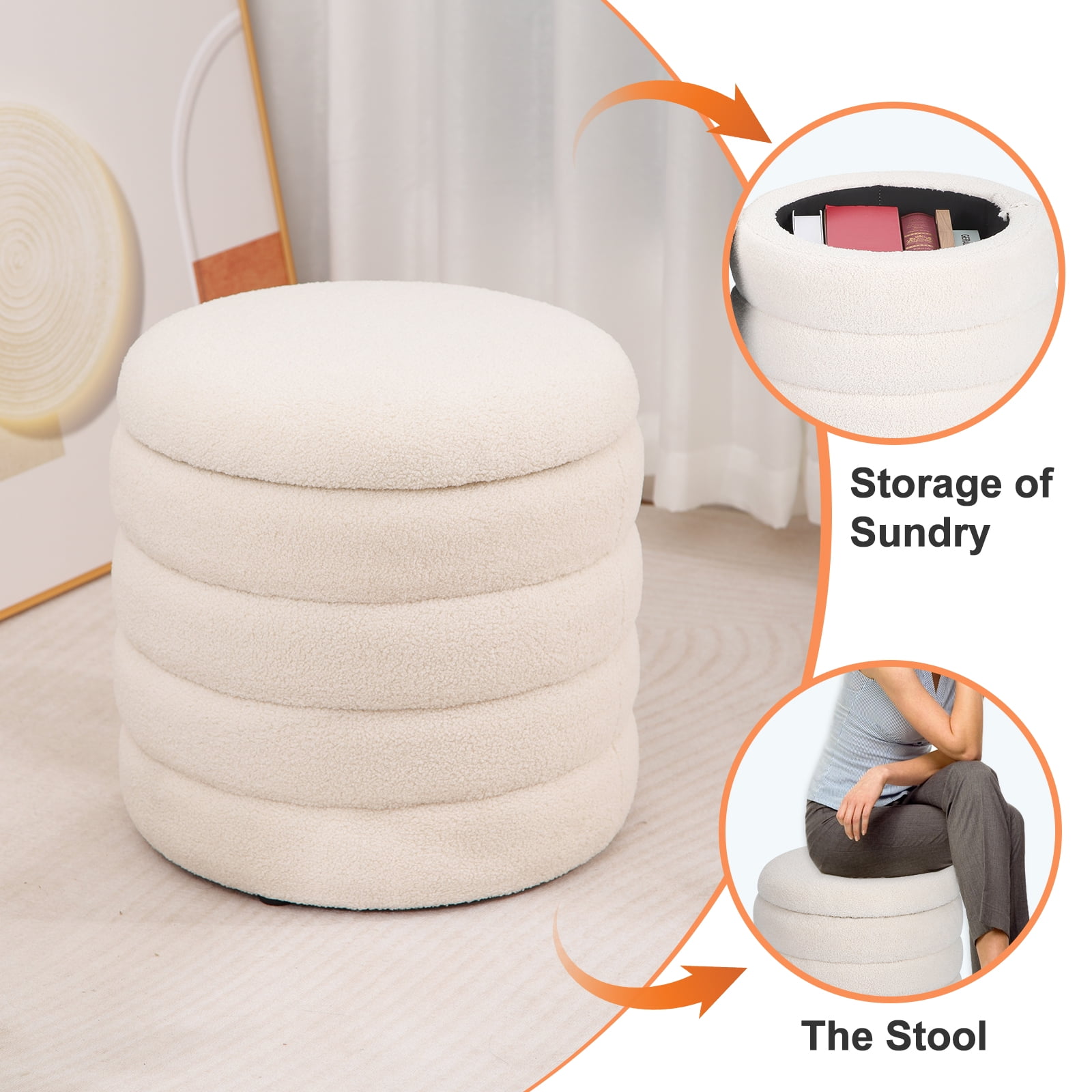 19" Round Storage Ottoman Sherpa Foot Rest Footstool Upholstered Storage Stool Seat White