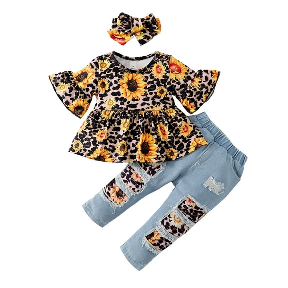KIMI BEAR Newborn Baby Girls Pant Sets Short Sleeves Floral Tops Ripped Denim Pants with Headband 3pcs Fall Outfits 3-6 Months