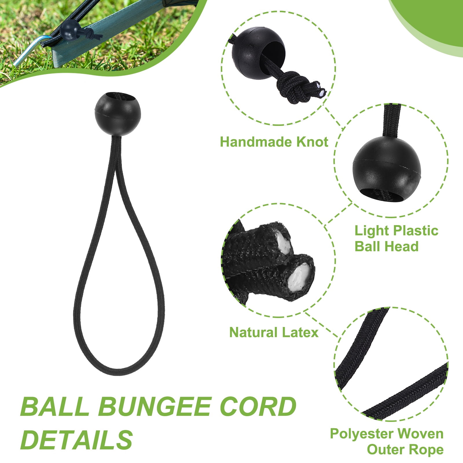 Ball Bungee Cord 6 Inch, 50 Pcs Bungee Cords with Balls Canopy Tarp Tie Downs Cords Elastic String for Outdoor Camping Cargo Shelter Tent Poles, Black